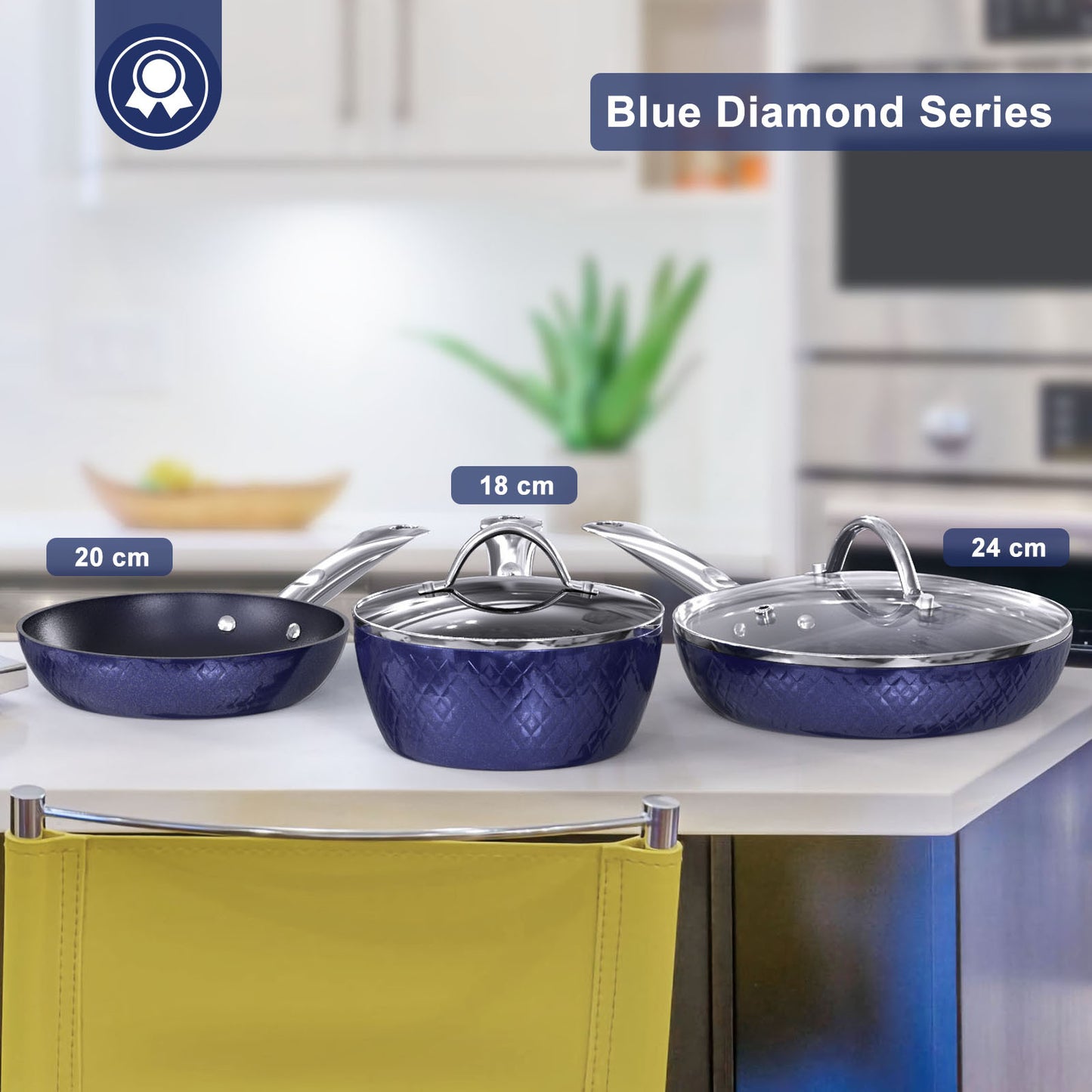 3-Piece Blue Non-Stick Frying Pan Set with 3D Diamond Design