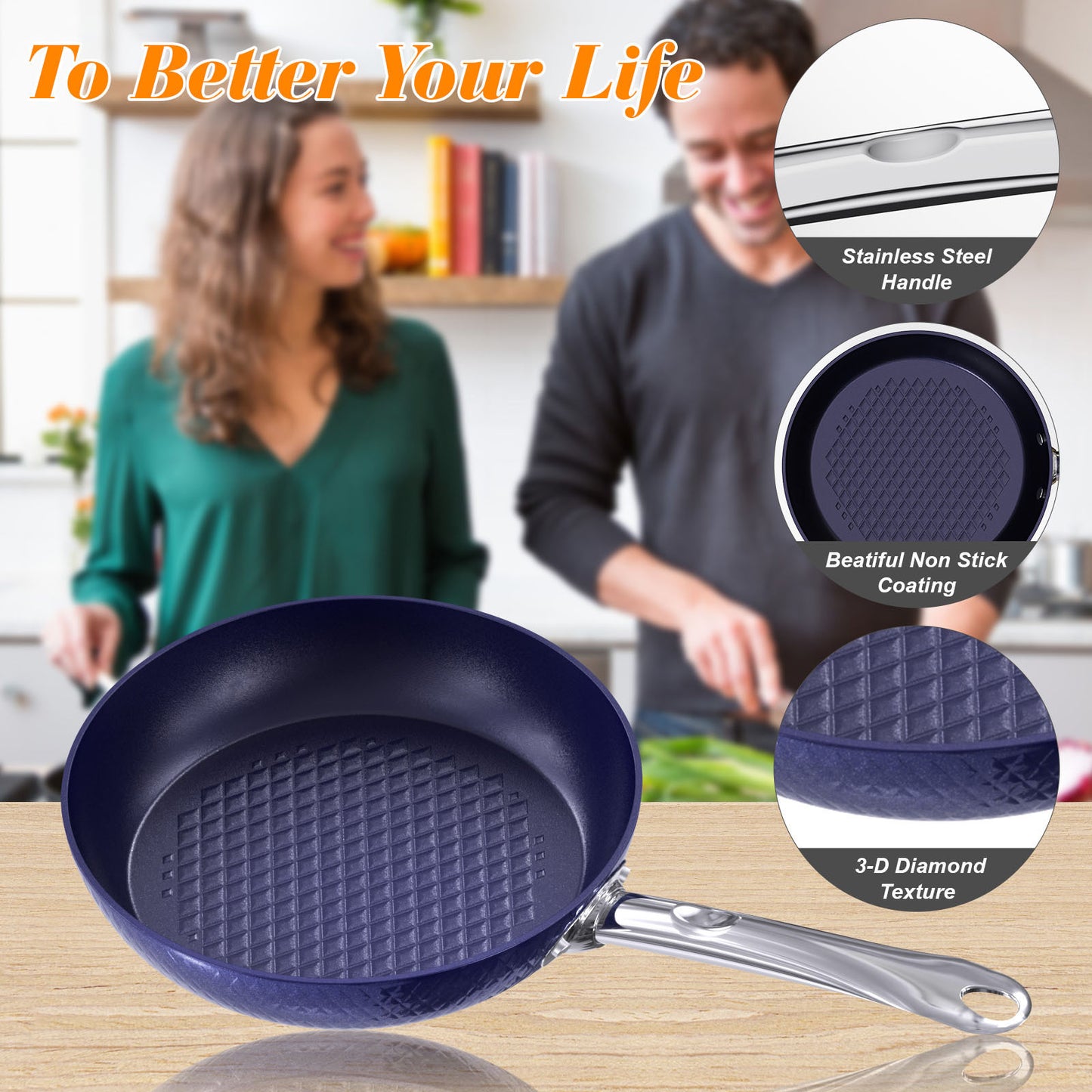3-Piece Blue Non-Stick Frying Pan Set with 3D Diamond Design