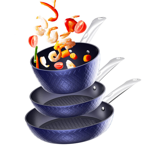 3-Piece Blue Non-Stick Frying Pan Set with 3D Diamond Design