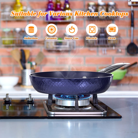 3-Piece Blue Non-Stick Frying Pan Set with 3D Diamond Design