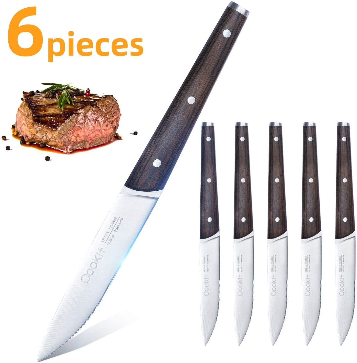 6-Piece Serrated Steak Knife Set with Wooden Handles